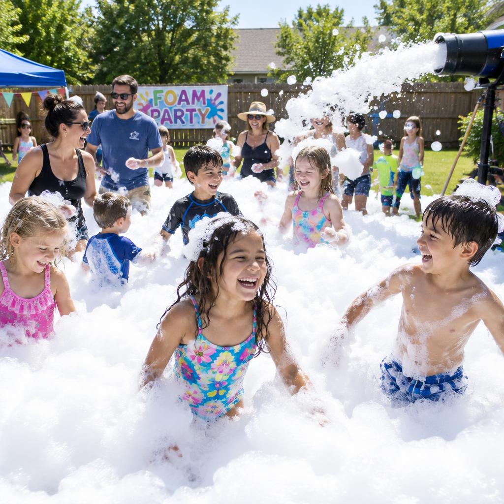A backyard foam party under blue and teal lights