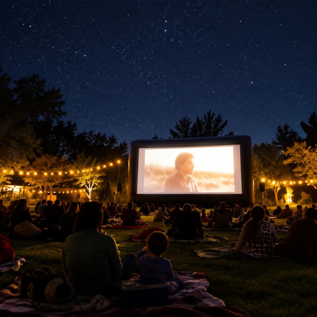 An outdoor movie night with an inflatable screen under the stars